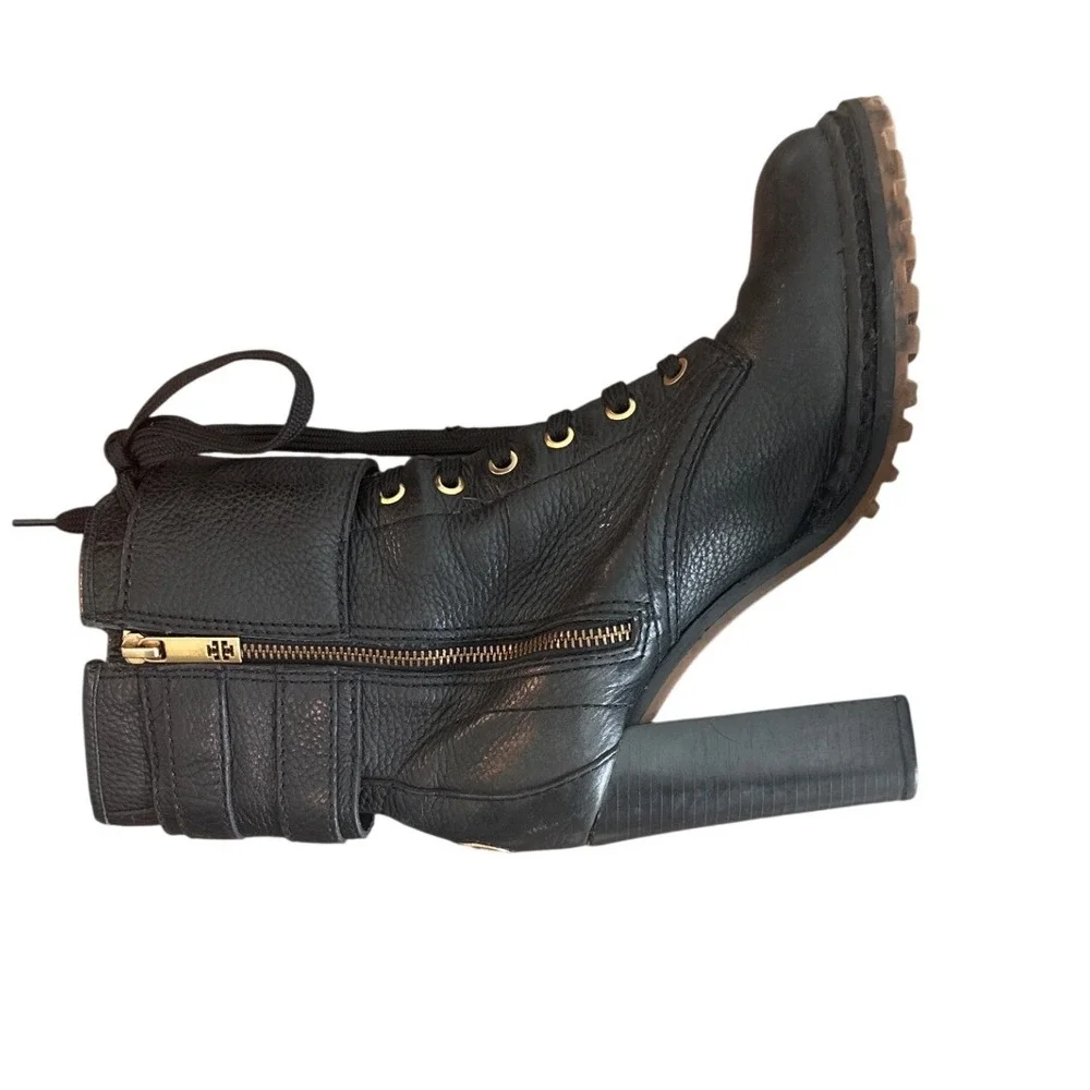 Tory Burch Combat Boots Black Leather Double Buckle Heeled Moto Size 9